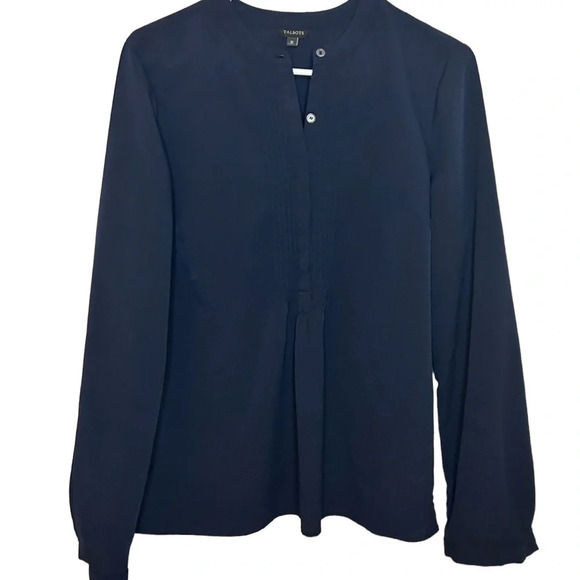 Talbots polyester blouse shirt popover buttons navy blue women’s size medium - Picture 2 of 8